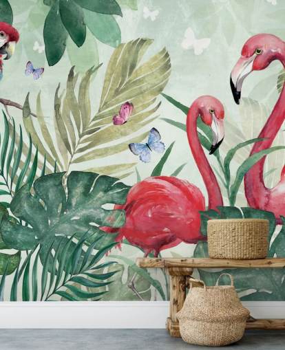 mural de papel pintado tropical verde y rosa llamado Tropical Flamingo de Di Brookes para salas de estar, dormitorios y comedores mural de papel pintado tropical verde y rosa llamado Tropical Flamingo de Di Brookes para salas de estar, dormitorios y comedores
