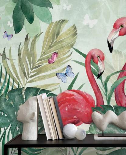 green and pink tropical wallpaper mural called Tropical Flamingo by Di Brookes for living rooms, bedrooms and dining rooms
