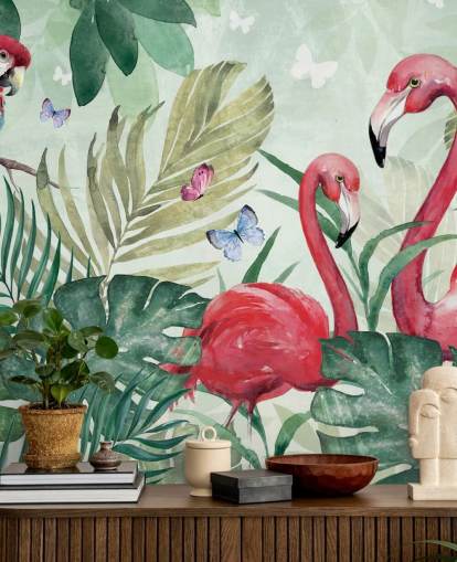 groene en roze tropische behangmuurschildering genaamd Tropical Flamingo van Di Brookes voor woonkamers, slaapkamers en eetkamers