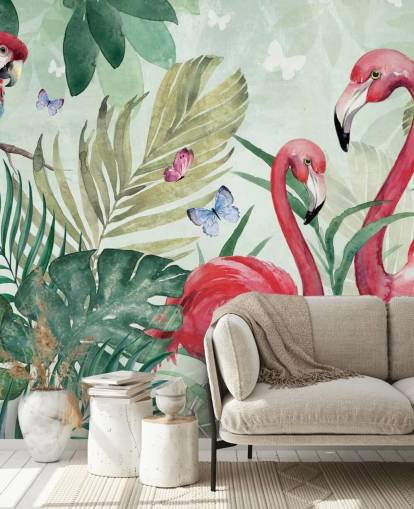 mural de papel de parede tropical verde e rosa chamado Tropical Flamingo de Di Brookes para salas de estar, quartos e salas de jantar