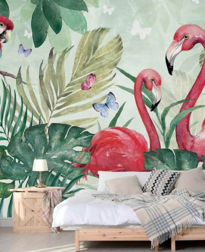 papier peint mural tropical vert et rose appelé Tropical Flamingo par Di Brookes pour les salons, les chambres et les salles à manger papier peint mural tropical vert et rose appelé Tropical Flamingo par Di Brookes pour les salons, les chambres et les salles à manger