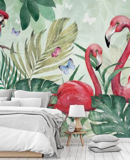 Di Brookesin vihreä ja vaaleanpunainen trooppinen taustakuvamaalaus nimeltä Tropical Flamingo olohuoneisiin, makuuhuoneisiin ja ruokasaleihin