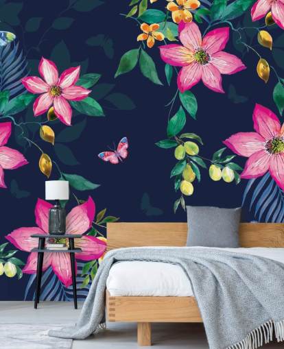 tropical flowers on navy mural