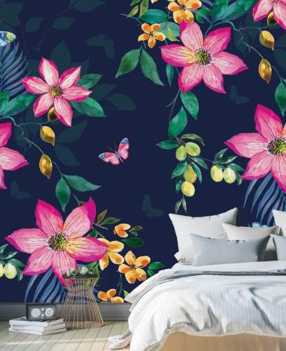 tropical flowers on navy mural