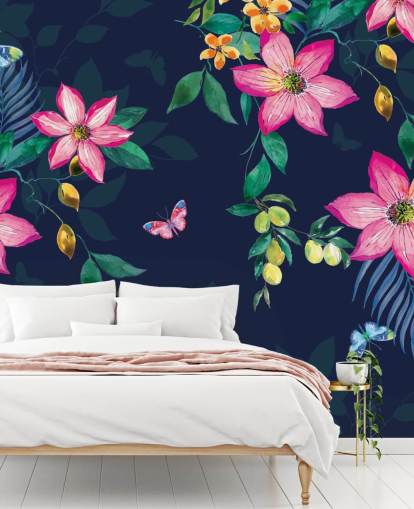 tropical flowers on navy mural tropical flowers on navy mural