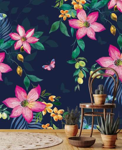 mural flores tropicales en azul marino mural flores tropicales en azul marino
