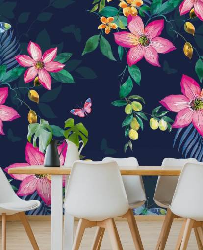mural flores tropicales en azul marino