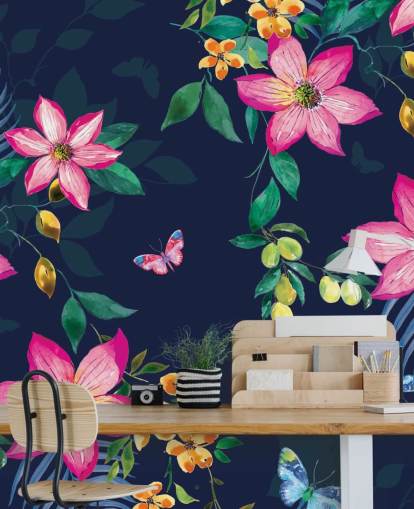 tropical flowers on navy mural