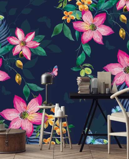 tropical flowers on navy mural