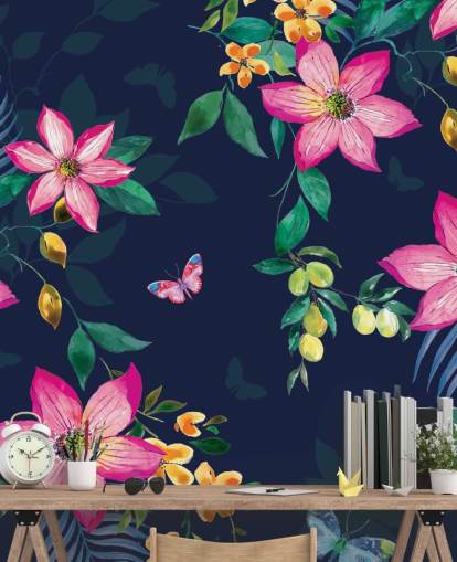 mural flores tropicales en azul marino