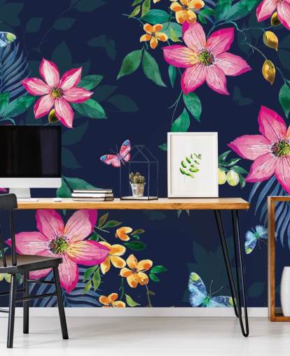tropical flowers on navy mural