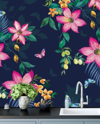 tropical flowers on navy mural