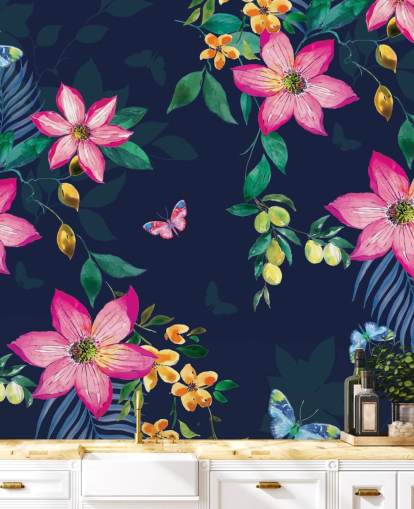 tropical flowers on navy mural