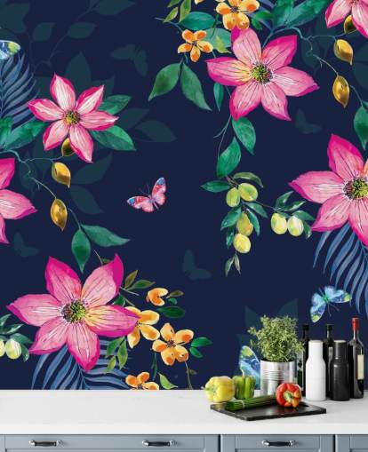 tropical flowers on navy mural