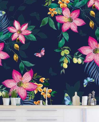 tropical flowers on navy mural