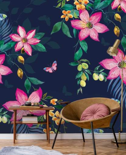 tropical flowers on navy mural