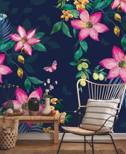 tropical flowers on navy mural