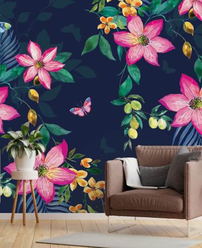 fleurs tropicales sur papier peint marine