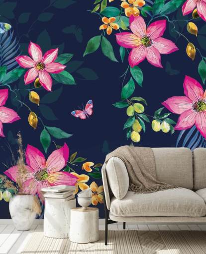 tropical flowers on navy mural