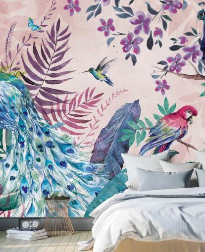 lilla og blå tropisk påfugl tapetmaleri kalt Tropical Peacock av Di Brookes for soverom og stuer