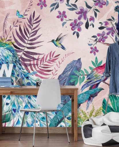 mural de papel de parede de pavão tropical roxo e azul chamado Tropical Peacock de Di Brookes para quartos e salas de estar