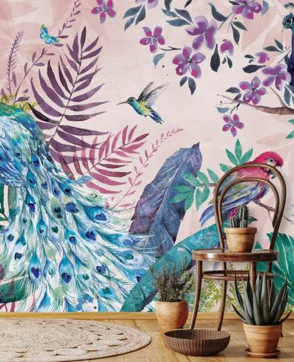carta da parati murale con pavone tropicale viola e blu chiamato Tropical Peacock di Di Brookes per camere da letto e salotti