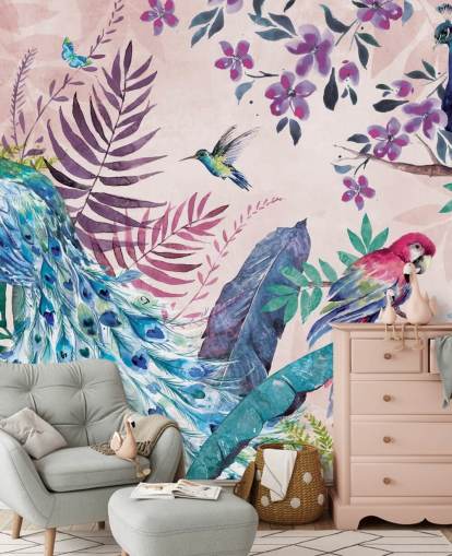 papier peint mural de paon tropical violet et bleu appelé Tropical Peacock par Di Brookes pour les chambres et les salons papier peint mural de paon tropical violet et bleu appelé Tropical Peacock par Di Brookes pour les chambres et les salons