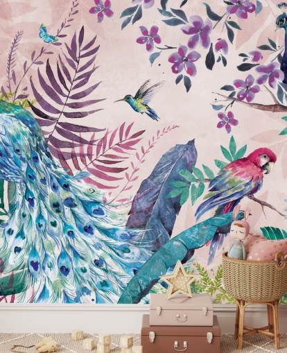 lilla og blå tropisk påfugl tapetmaleri kalt Tropical Peacock av Di Brookes for soverom og stuer