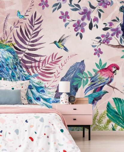 purple and blue tropical peacock wallpaper mural called Tropical Peacock by Di Brookes for bedrooms and living rooms