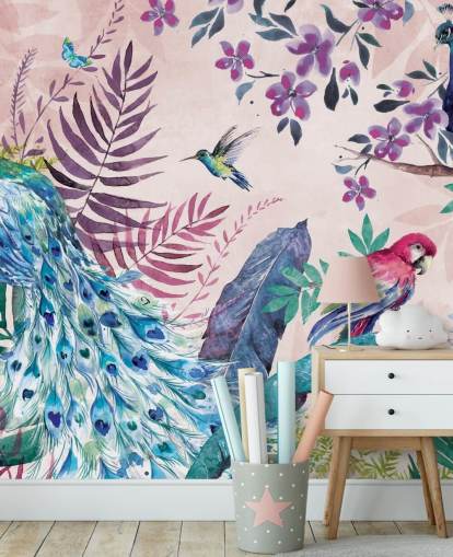 carta da parati murale con pavone tropicale viola e blu chiamato Tropical Peacock di Di Brookes per camere da letto e salotti carta da parati murale con pavone tropicale viola e blu chiamato Tropical Peacock di Di Brookes per camere da letto e salotti