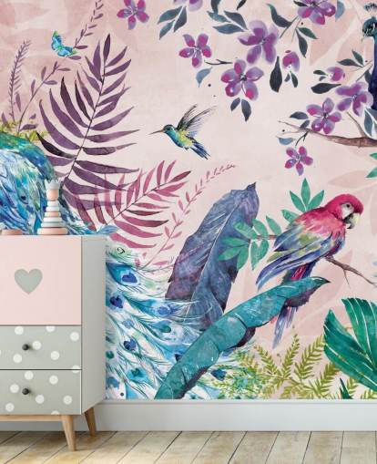 lilla og blå tropisk påfugl tapetmaleri kalt Tropical Peacock av Di Brookes for soverom og stuer