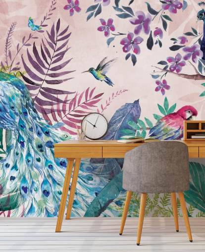 purple and blue tropical peacock wallpaper mural called Tropical Peacock by Di Brookes for bedrooms and living rooms purple and blue tropical peacock wallpaper mural called Tropical Peacock by Di Brookes for bedrooms and living rooms