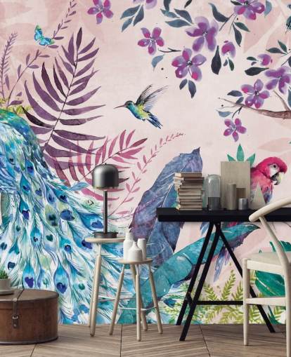 Di Brookesin violetti ja sininen trooppinen riikinkukko-taustakuvamaalaus nimeltä Tropical Peacock makuuhuoneisiin ja olohuoneisiin Di Brookesin violetti ja sininen trooppinen riikinkukko-taustakuvamaalaus nimeltä Tropical Peacock makuuhuoneisiin ja olohuoneisiin