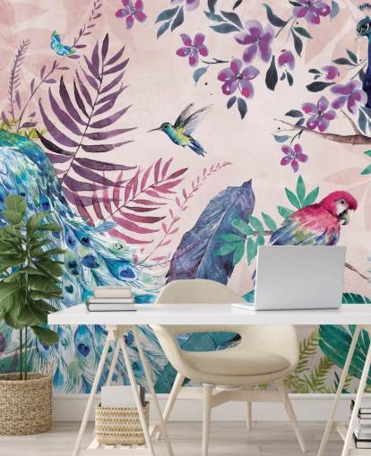purple and blue tropical peacock wallpaper mural called Tropical Peacock by Di Brookes for bedrooms and living rooms