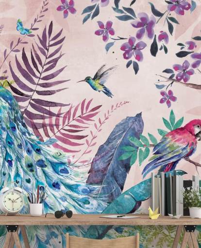 purple and blue tropical peacock wallpaper mural called Tropical Peacock by Di Brookes for bedrooms and living rooms purple and blue tropical peacock wallpaper mural called Tropical Peacock by Di Brookes for bedrooms and living rooms
