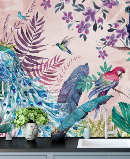 purple and blue tropical peacock wallpaper mural called Tropical Peacock by Di Brookes for bedrooms and living rooms