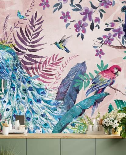 purple and blue tropical peacock wallpaper mural called Tropical Peacock by Di Brookes for bedrooms and living rooms