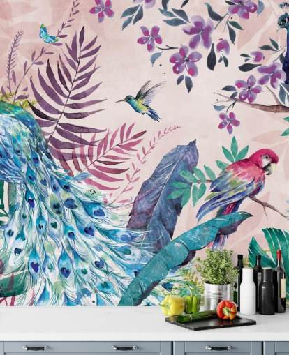 purple and blue tropical peacock wallpaper mural called Tropical Peacock by Di Brookes for bedrooms and living rooms