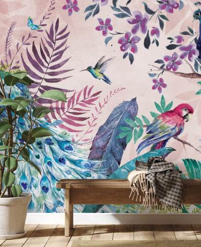 paarse en blauwe tropische pauw muurschildering genaamd Tropical Peacock van Di Brookes voor slaapkamers en woonkamers