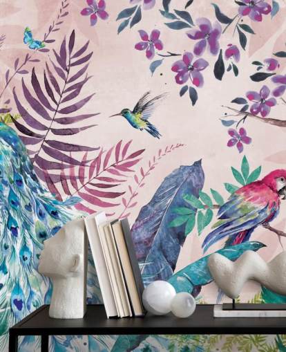 mural de papel de parede de pavão tropical roxo e azul chamado Tropical Peacock de Di Brookes para quartos e salas de estar