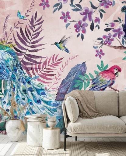 purple and blue tropical peacock wallpaper mural called Tropical Peacock by Di Brookes for bedrooms and living rooms