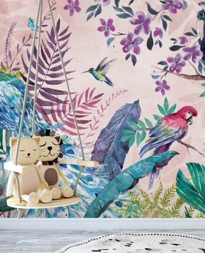 carta da parati murale con pavone tropicale viola e blu chiamato Tropical Peacock di Di Brookes per camere da letto e salotti