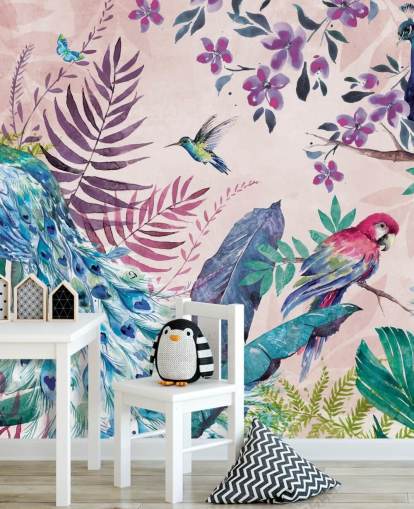 paarse en blauwe tropische pauw muurschildering genaamd Tropical Peacock van Di Brookes voor slaapkamers en woonkamers