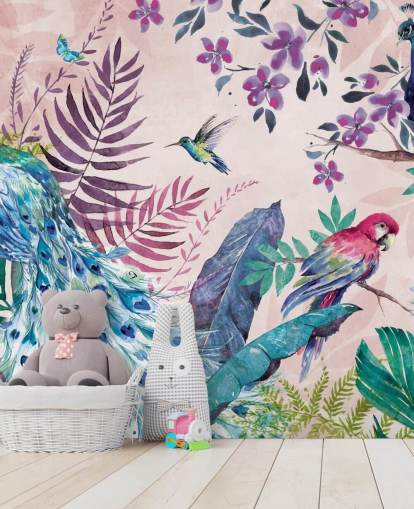 lilla og blå tropisk påfugl tapetmaleri kalt Tropical Peacock av Di Brookes for soverom og stuer