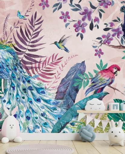 carta da parati murale con pavone tropicale viola e blu chiamato Tropical Peacock di Di Brookes per camere da letto e salotti