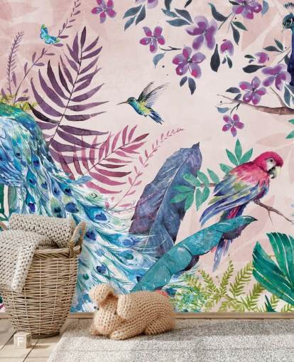 mural de papel de parede de pavão tropical roxo e azul chamado Tropical Peacock de Di Brookes para quartos e salas de estar