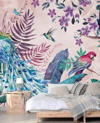 purple and blue tropical peacock wallpaper mural called Tropical Peacock by Di Brookes for bedrooms and living rooms