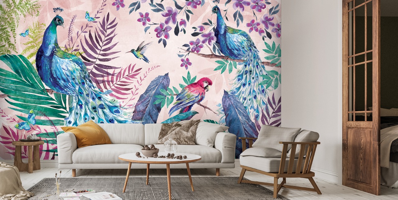 Tropisk påfugl vægmaleri af | Wallsauce