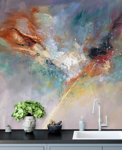 mural de papel pintado abstracto colorido y personalizable llamado Celestial de Anne Farrall Doyle para cocinas, dormitorios y salas de estar