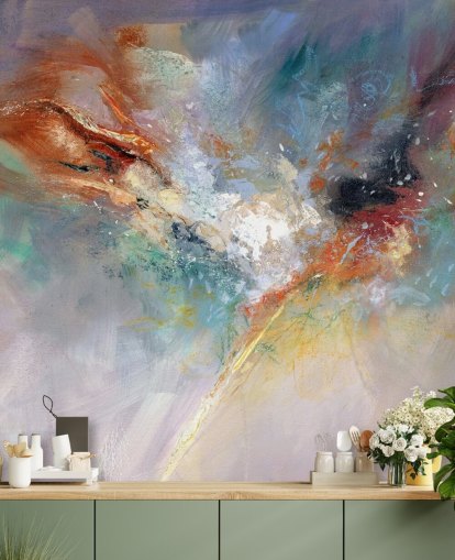 kleurrijke aanpasbare abstracte behangmuurschildering genaamd Celestial van Anne Farrall Doyle voor keukens, slaapkamers en woonkamers